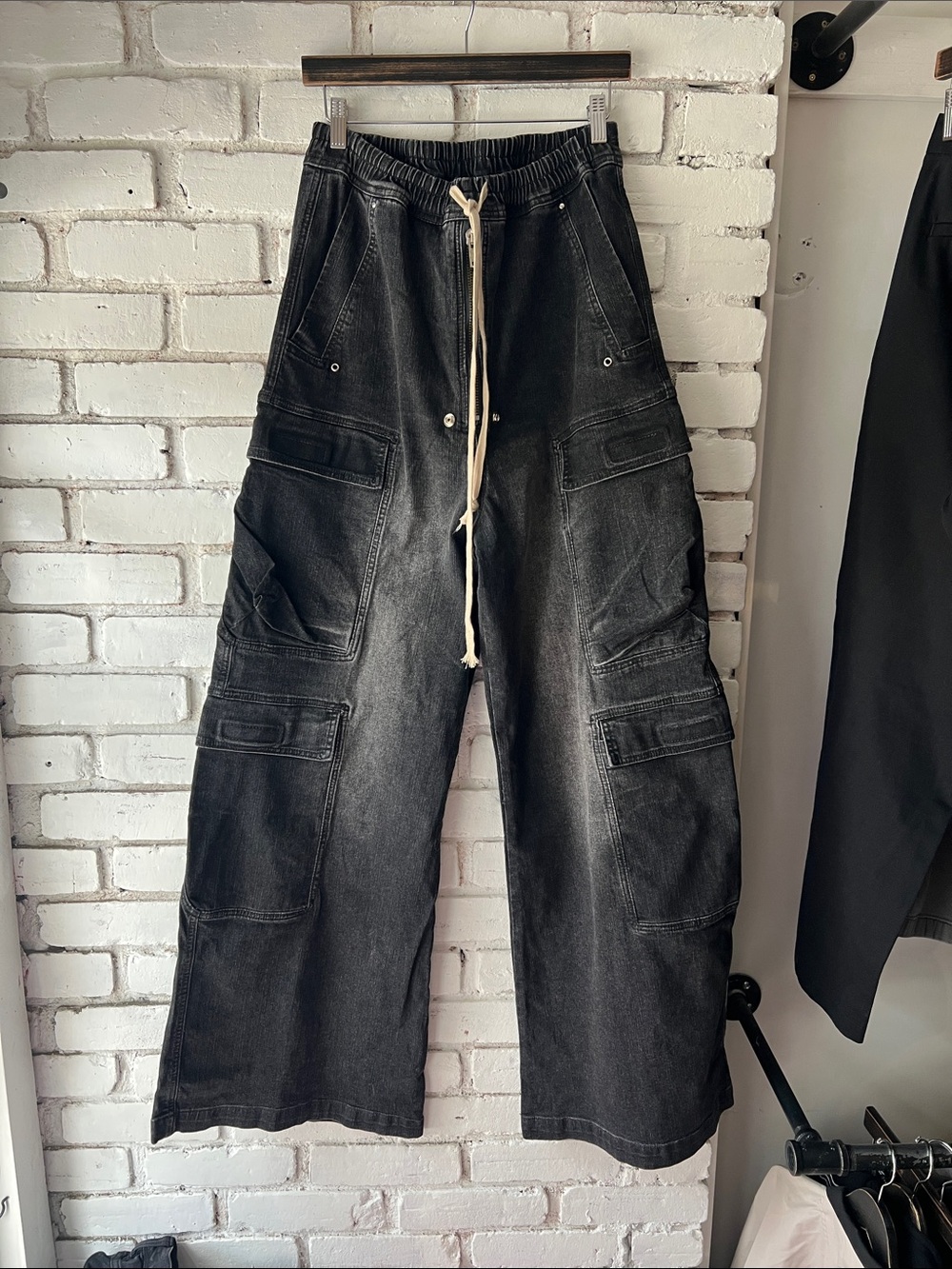 RICK OWENS Men's Black Cargo Work Pants with Drawstring Waist anime wide leg